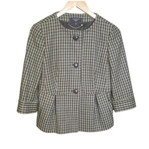 Talbots Womens Brown Wool Plaid 3/4 Sleeve Lined Peplum Swing Blazer Size 4P